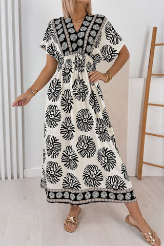 Blue Boho Floral Print Contrast Patchwork V Neck Dolman Maxi Dress