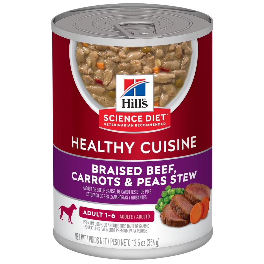 Hill's Science Diet Canned Dog Food Adult Healthy Cuisine Braised Beef, Carrots & Peas Stew - 354g x 12  | petsome Pet Supplies
