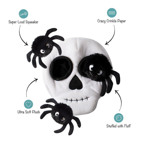Fringe Studio Halloween Plush Squeaker Dog Toy - Skull Burrow + 3 Spiders
