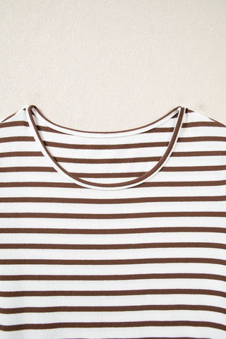 Brown Stripe Ribbed Knit Long Sleeve Bodice Contrast Patchwork Flared Dress