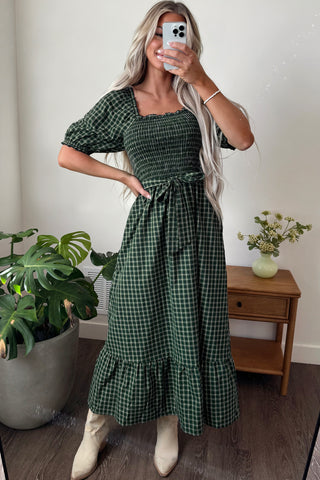 Green Plaid Square Neck Shirred High Waist Ruffle Hem Dress