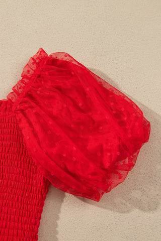 Fiery Red Tiered Tulle Smocked Bodice Puff Sleeve Dress