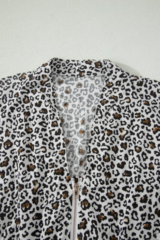 Beige Leopard Zip Front V Neck Cinched Waist Sleeveless Maxi Dress