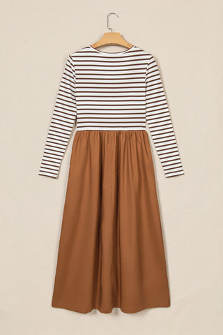 Brown Stripe Ribbed Knit Long Sleeve Bodice Contrast Patchwork Flared Dress