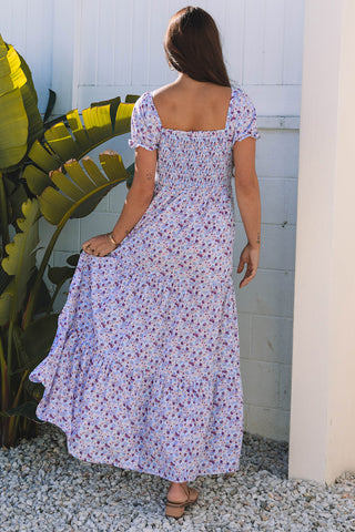 Green Floral Short Bubble Sleeve Shirred High Waist Maxi Dress
