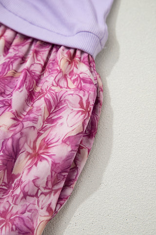 Purple Ribbed V Neck Tank Floral Contrast Patchwork Long Dress