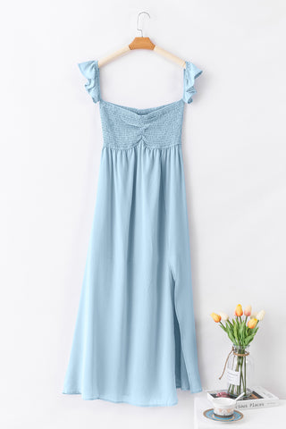 Sky Blue Off Shoulder Ruched Bust Sheer Slit Maxi Dress