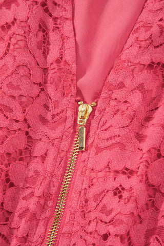 Coral Floral Lace Overlay Zip Up V Neck Smocked Waist Sleeveless Dress