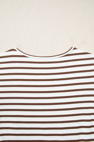 Brown Stripe Ribbed Knit Long Sleeve Bodice Contrast Patchwork Flared Dress