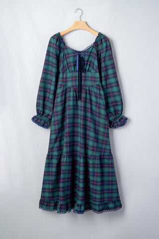 Green Vintage Plaid Square Neck Lace Trim Long Sleeve Shift Dress