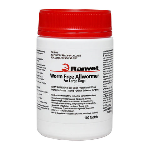 Ranvet Worm Free Allwormer for Dogs 25kg 100's