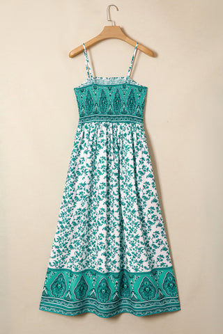 Green Boho Floral Print Shirred Cami Maxi Dress