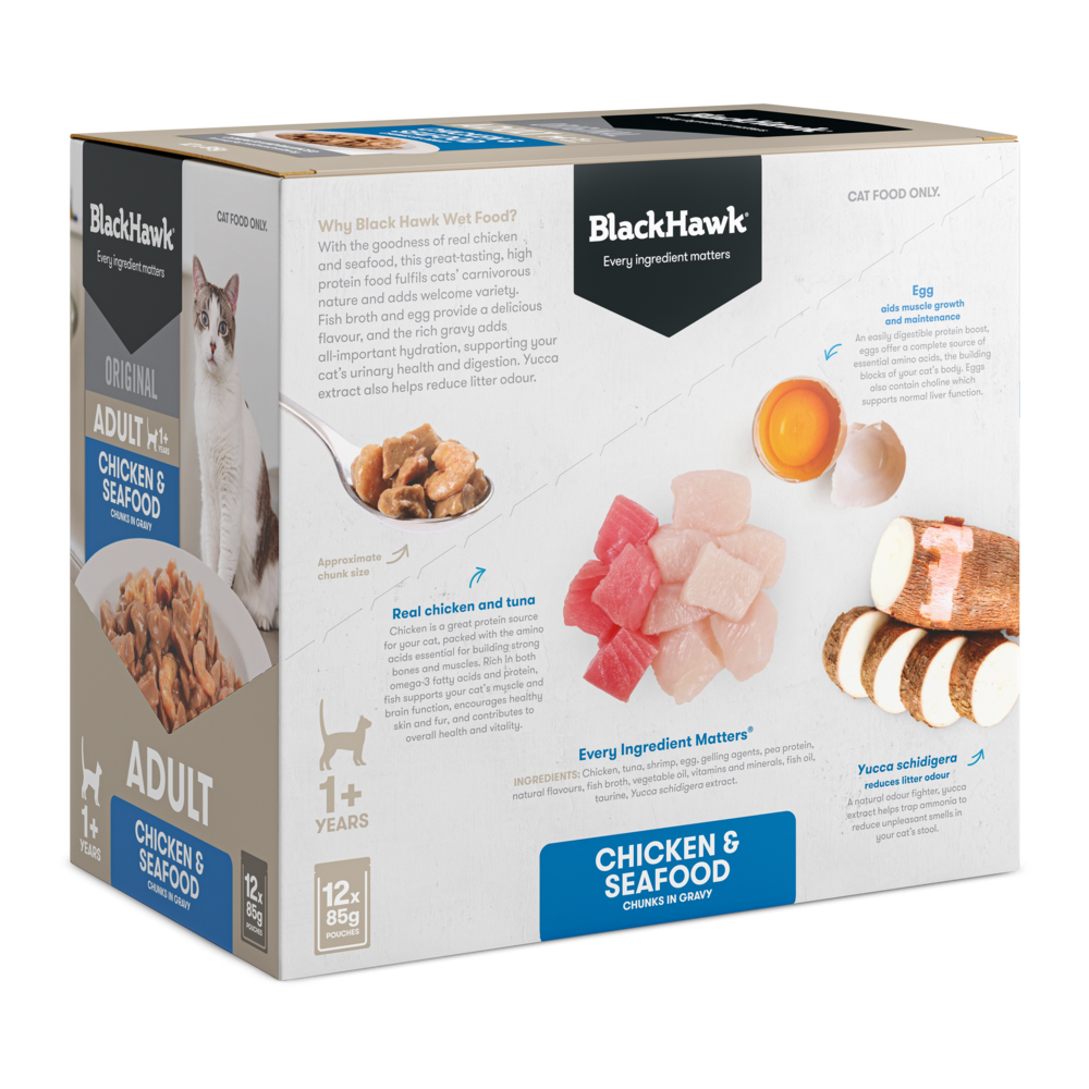 Wet Cat Food Adult Chicken And Seafood In Gravy Pouches