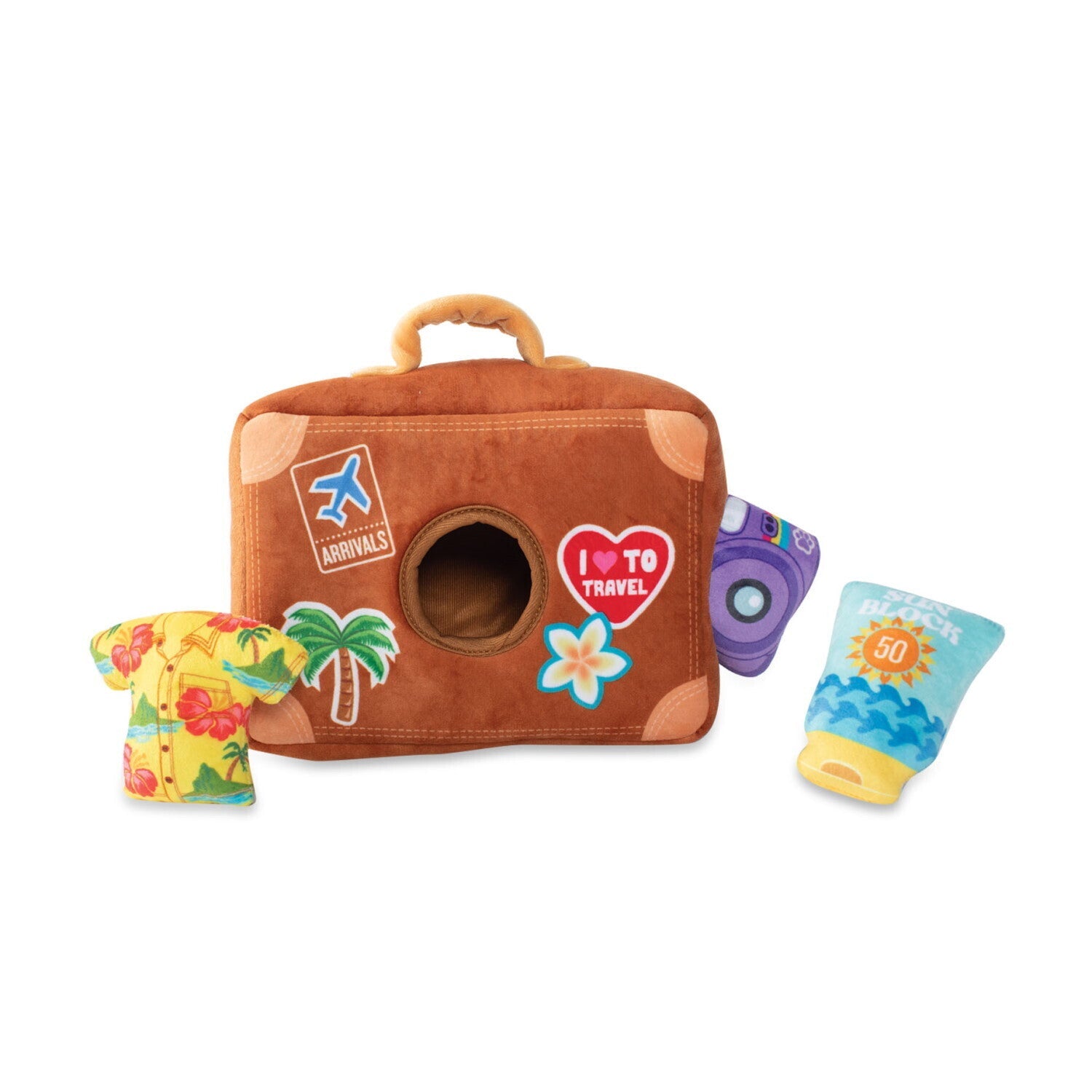 Fringe Studio Plush Squeaker Dog Toy - Pack Your Bags | petsome Pet Supplies