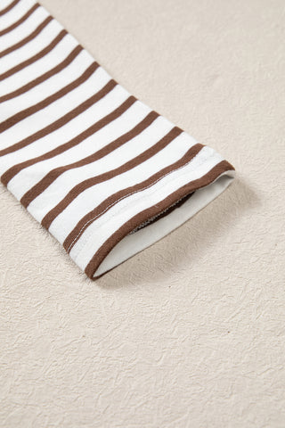 Brown Stripe Ribbed Knit Long Sleeve Bodice Contrast Patchwork Flared Dress