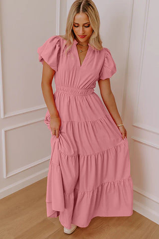 Bright Green Solid Color V Neck Short Puff Sleeve High Waist Tiered Maxi Dress