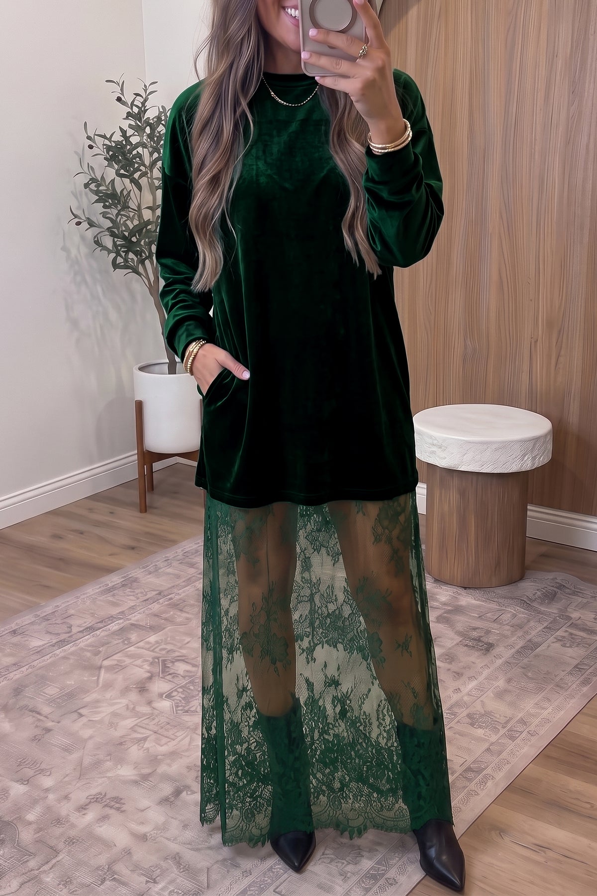 Blackish Green Velvet Long Sleeve Lace Splicing Hem Shift Maxi Dress