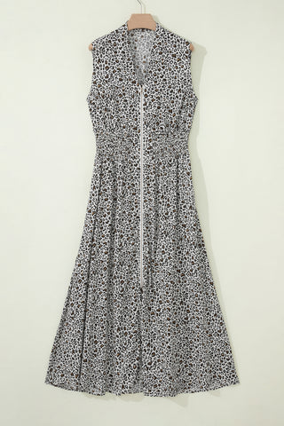 Beige Leopard Zip Front V Neck Cinched Waist Sleeveless Maxi Dress
