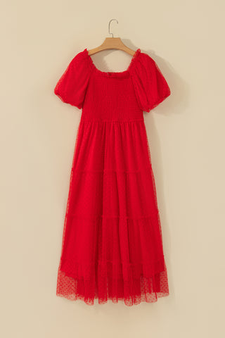 Fiery Red Tiered Tulle Smocked Bodice Puff Sleeve Dress