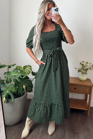 Green Plaid Square Neck Shirred High Waist Ruffle Hem Dress