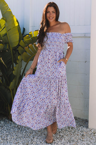 Green Floral Short Bubble Sleeve Shirred High Waist Maxi Dress