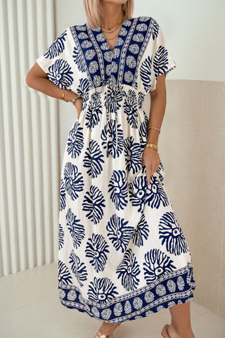 Blue Boho Floral Print Contrast Patchwork V Neck Dolman Maxi Dress
