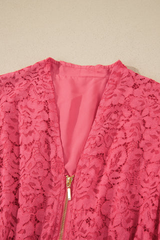 Coral Floral Lace Overlay Zip Up V Neck Smocked Waist Sleeveless Dress