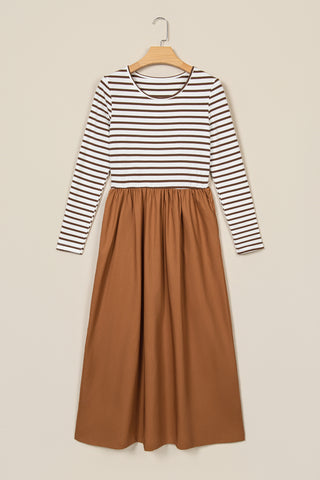 Brown Stripe Ribbed Knit Long Sleeve Bodice Contrast Patchwork Flared Dress