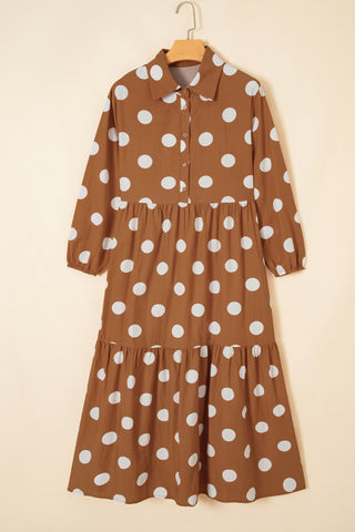 Apricot Polka Dot Button Front Long Sleeve Shift Dress