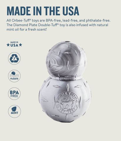 Planet Dog Orbee-Tuff Diamond Plate Double Tuff Treat-Dispensing Dog Toy Grey